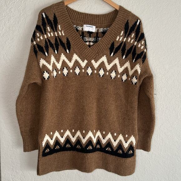 Fair Isle Slouchy Brown V Neck Tunic Sweater Oversized Small Old Navy Winter Ski - Picture 3 of 8